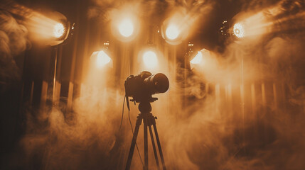 Capture the essence of a dreamy film set, where ethereal smoke swirls around the beams of studio spotlights