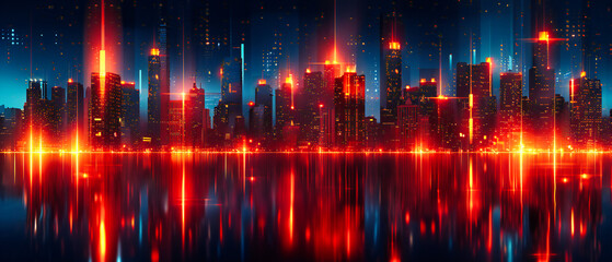 Obraz premium Panoramic Cityscape with Neon Skylines, Night View of Urban Landscape and Architecture, Futuristic City with Illuminated Buildings, Modern Metropolis with Vibrant Neon Lights, 