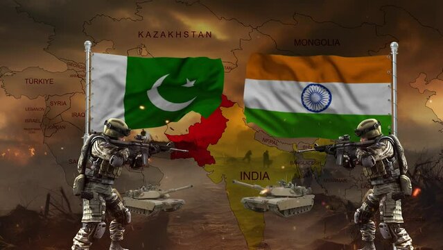 Conflict between India vs Pakistan.India vs Pakistan standing against each other in a war atmosphere. And flags and maps in the background
