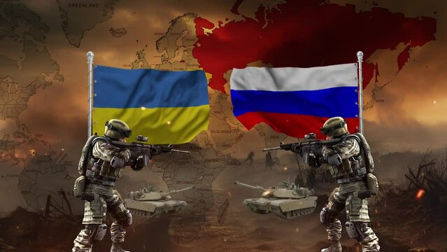 Russia vs Ukraine standing against each other in a war atmosphere. And flags and maps in the background
