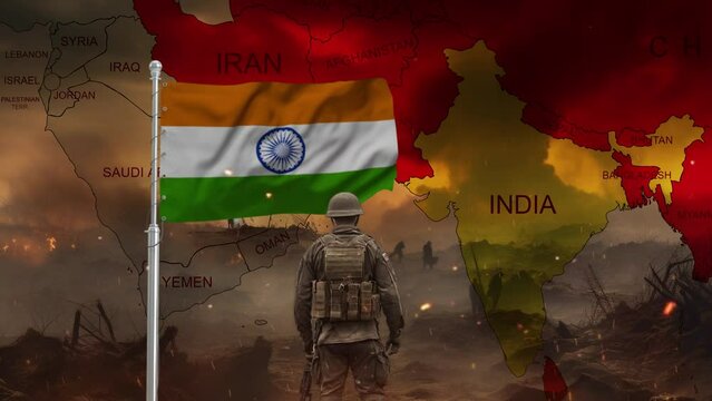 India war situation flag flying and a soldier standing