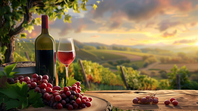An idyllic wine tasting set against a vineyard backdrop during sunset, with a bottle and glass of red wine accompanied by fresh grapes.