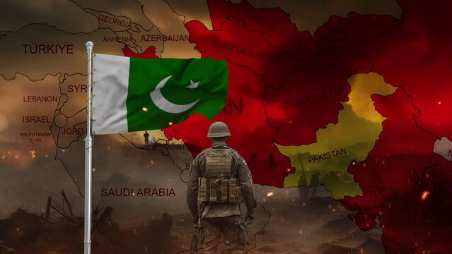 Pakistan war situation flag flying and a soldier standing