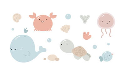 Set with pastel cute sea characters. For for kids design, fabric, wrapping, cards, textile, wallpaper, apparel. Isolated vector cartoon illustration in flat style on white background.