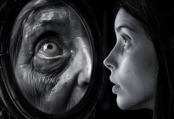 girl looking up, illusory hyperrealism style, airbrush art,
  the mirror shows her already at an advanced age