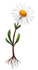 Floral botanical illustration of chamomile, plant leaves. Picture of daisy flower, greenery with gold on a white background. Herbs. Large format