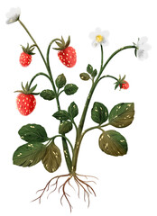 Floral botanical illustration of strawberry bush with roots. Drawing of flowers, berries, greenery with gold on a transparent background. Herbs