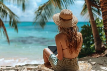 Freelancer working on laptop, enjoying sunny beach and birch sea