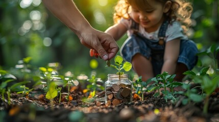 A father's hand is seen adding a penny to a child's coin jar with a plant growing out of it. This is a concept for college funds / investing in our children's futures