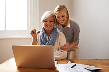 Woman, senior mother and laptop for finance in home, support and help for ecommerce on website....