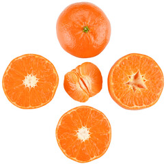 Set ripe clementine isolated on a transparent background. Completely in focus. Top view.