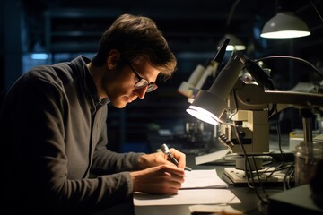 
Portrait photograph of a male materials scientist in his late 20s, analyzing material properties in a materials science lab, with microscopes and testing equipment around him