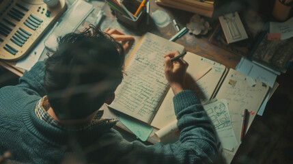 Capture a thoughtful moment of a director scribbling notes or sketches in their notebook, surrounded by elements of their creative process - obrazy, fototapety, plakaty