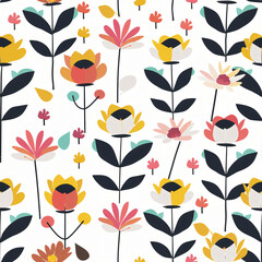 Field of geometric flowers with leaves on white background
