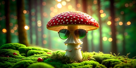 fly agaric in the glasses in the magic forest. 3d illustration - obrazy, fototapety, plakaty