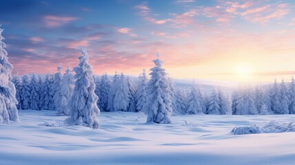 Frosty Evening Serenity: Snow-Blanketed Pine Trees in Stunning Winter Panorama