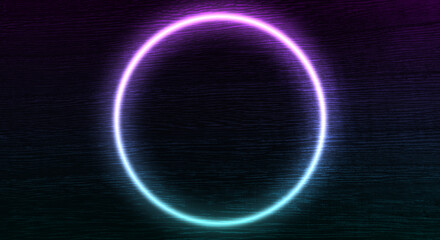 焼きこんだ木目の板の表面　紫と緑のグラデーション 円形のネオンの光　年輪模様と艶を出した木材のテクスチャー背景