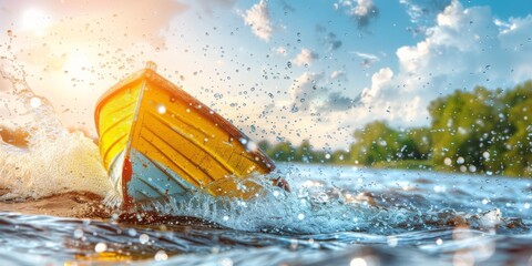 A Bright Yellow Boat Splashing Through Sparkling Waters on a Sunny Day, Symbolizing Joy and...