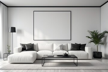 Mockup poster frame in modern apartment interior with L-shaped sofa, 3d render