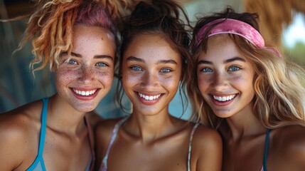 A group of three young, diverse female athletes smile and laugh together in a sports studio as they celebrate their healthy and active lifestyles. - Powered by Adobe