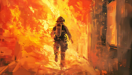 A sketch of a female firefighter rushing into a burning building to rescue a trapped individual wit Generative AI - obrazy, fototapety, plakaty