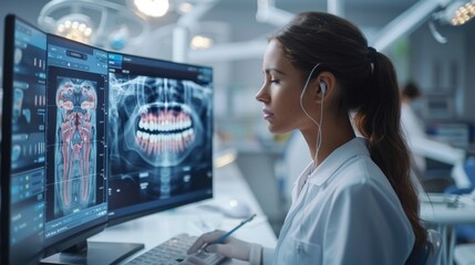 A dentist interacting with patients, filling out charts on a VR device and scheduling treatment using artificial intelligence for innovative dental treatments in a dental practice. - obrazy, fototapety, plakaty