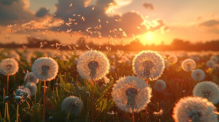 At sunset, dandelions with flying seeds are seen in a field - obrazy, fototapety, plakaty