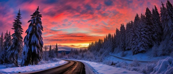 Enchanting Winter Scene: Snowy Road at Sunrise with Milky Way, Canon RF 50mm f/1.2L USM