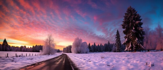 Enchanting Winter Scene: Snowy Road at Sunrise with Milky Way, Canon RF 50mm f/1.2L USM