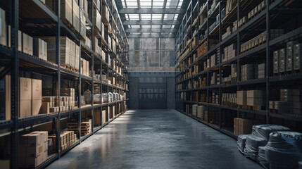 Spacious Industrial Warehouse Interior with Rows of Shelves Filled with Boxes