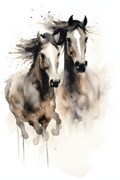 Two horses running on white background in the style of black and beige. Abstract watercolor painting with minimal soft brushstroke. Animal painting  for decoration, interior, wallpaper, background