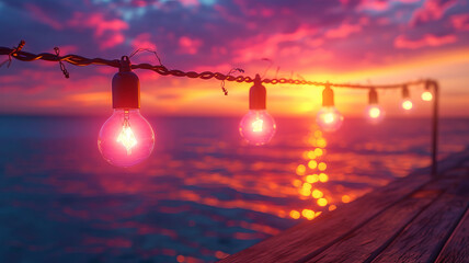Festive string lights over ocean sunset, AI Generative.