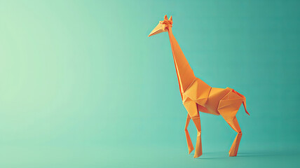 Bright orange origami giraffe on a turquoise background. AI Generative. - obrazy, fototapety, plakaty