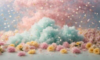 Fototapeta na wymiar Close-Up of Peonies Pastel Pink Background Flat Lay Floral Arrangement Ai Generative 