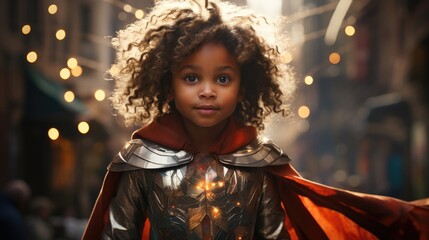 black Child in superhero costume in city