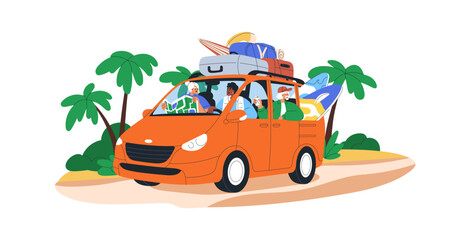Car travel, road trip on summer vacation. People driving van, caravan in holiday adventure. Friends surfers with luggage, way to sea resort. Flat vector illustration isolated on white background