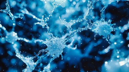 Close-up of Water Droplets on Blue Background, Natures Macro Beauty with Shiny Liquid Surface and...