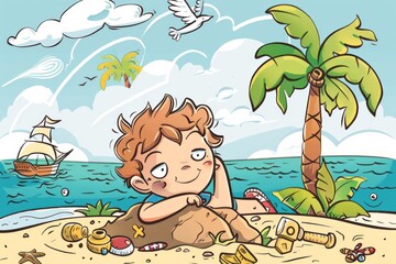 Obraz na płótnie Canvas Cartoon cute doodles of a boy daydreaming about discovering buried treasure on a deserted island adventure, Generative AI