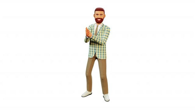 Cheerful man with a beard clapping his hands in joy and celebration, showing appreciation and enthusiasm. Stylized 3d looped animation.