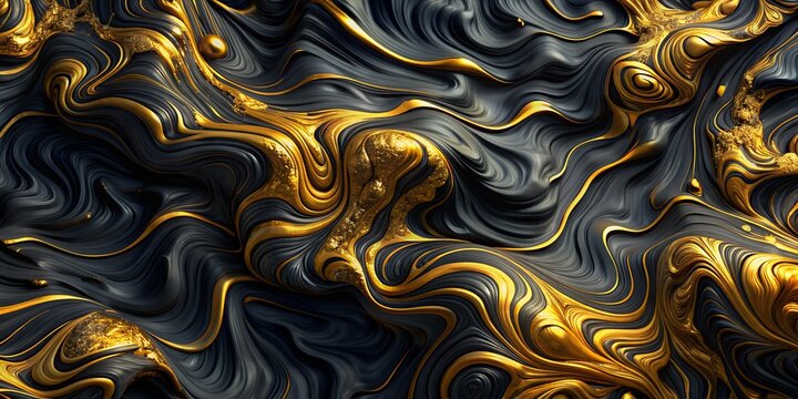 Abstract background of melted liquid gold and honey on dark marble waves. Wallpaper