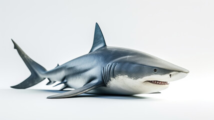 Fototapeta premium A solitary shark isolated against a white backdrop, emanating a sense of power AI Generative.