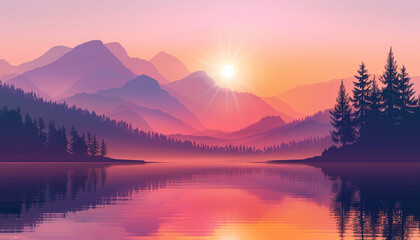 The sun rises over a tranquil lake, casting a soft pink and purple glow on the serene mountain landscape