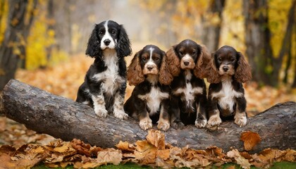Naklejka na ściany i meble Puppy Pals: Playful Spaniels Enjoying Fall Foliage as They Stand Together by a Rustic Tree Trunk