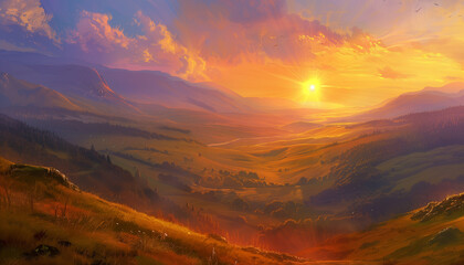 Obraz premium The sun sets over a vast valley, casting a golden glow over the rolling hills, with birds flying in the warm, radiant sky