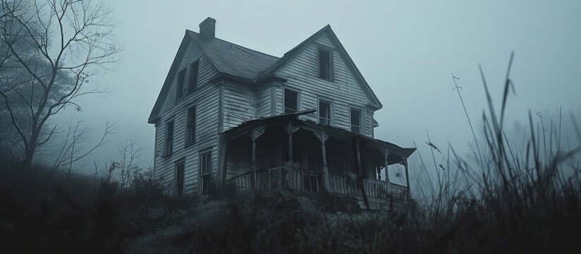 An eerie and isolated house stands ominously in the midst of a dense fog-covered forest, creating a spooky and unsettling atmosphere reminiscent of horror movies like Blair Witch Project and