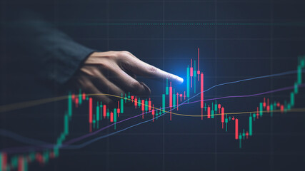 A businessman's hand is pointing at a stock market chart. Illustration of a double exposure of a candlestick with a finger pointing toward the chart. AI-Generated - obrazy, fototapety, plakaty