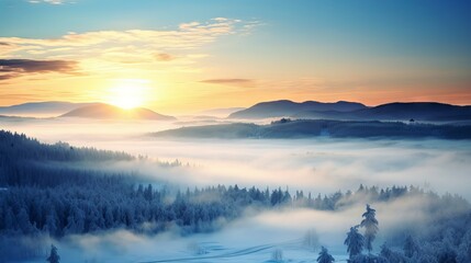 Fototapeta na wymiar Foggy Winter Wonderland: Canon RF 50mm Captures Snowy Landscape in Serene Ambiance