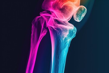 An image capturing a human leg covered in vibrant splatters of paint, Saturated colored 3D X-ray view of a human thigh bone, AI Generated - obrazy, fototapety, plakaty