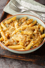 French Onion Pasta is perfectly reminiscent of French onion soup loaded with caramelized onions, with penne closeup on the bowl on the wooden board. Vertical