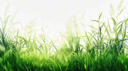 Obraz premium Fresh Spring Meadow, Vibrant Green Grass, Sunlit Nature Background, Dewy Morning